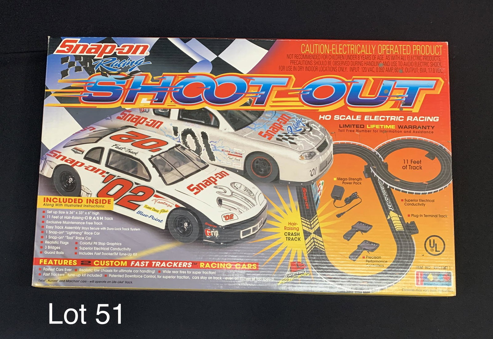 Snap-On "Shoot Out" Ho Scale Electric Racing Track: A 2002 Snap-On Racing "Shoot Out" ho scale electric racing track. Includes 11 ft. of track, a mega strength power pack, two precision performance controllers, a plug in terminal track, two custom fast