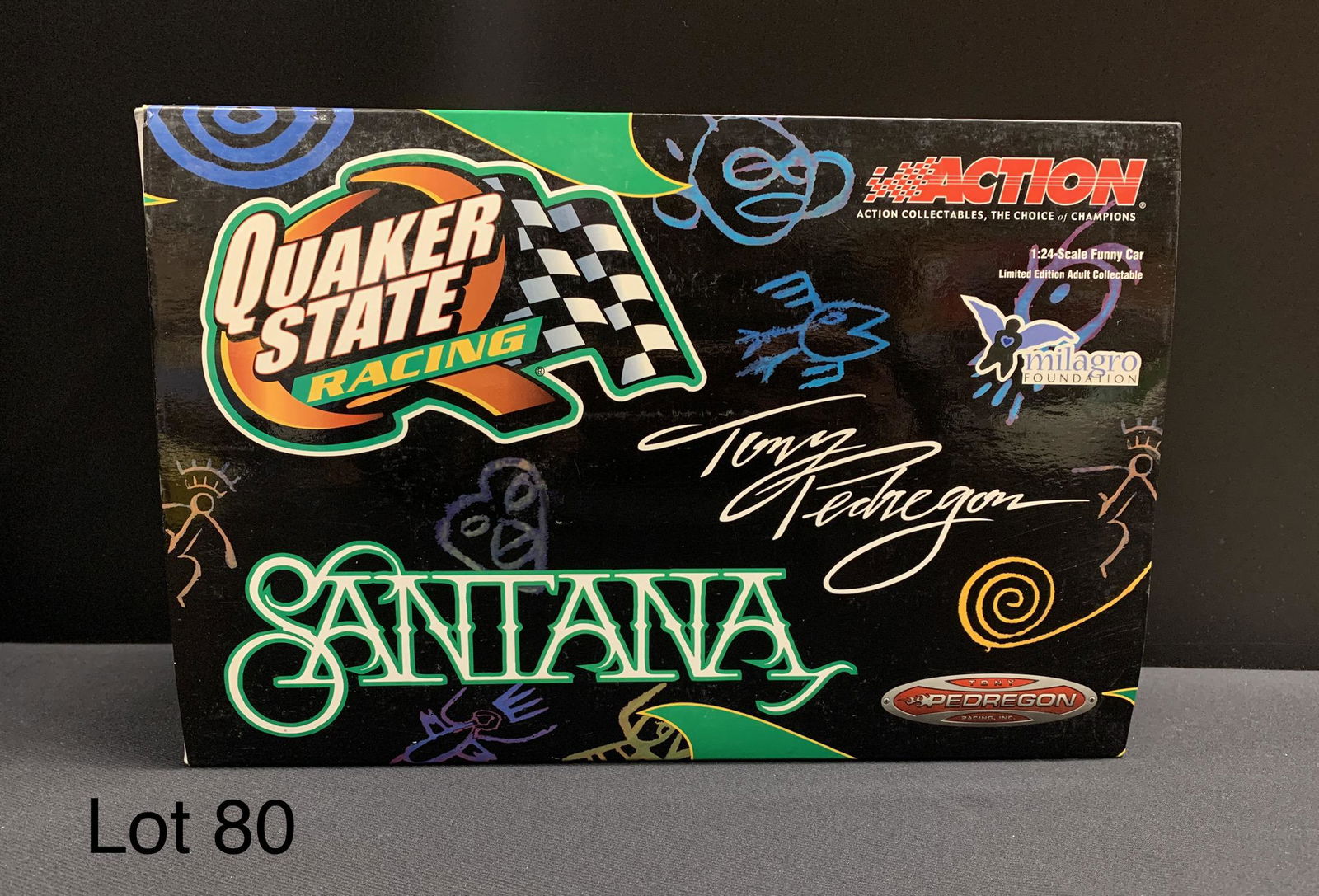 2004 Santana Tony Pedregon 1:24 Scale Funny Car: A Quaker State Santana Tony Pedregon 2004 Camaro 1:24 scale funny car in original packaging. This funny care is limited edition with only 4,848 produced. Made by Action Racing Collectables, Inc. Prese