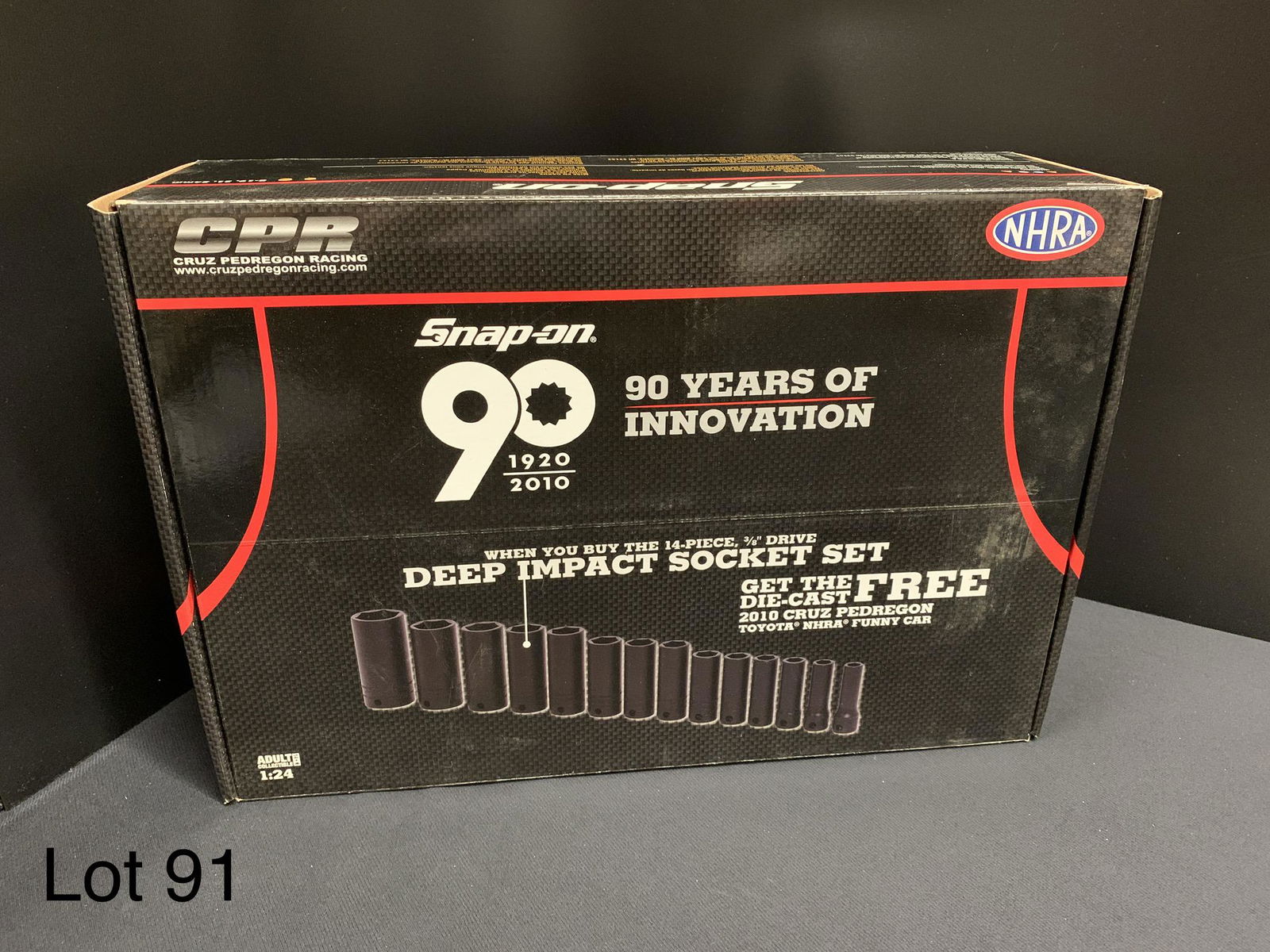 2010 Snap-On Cruz Pedregon Toyota NHRA Funny Car: A 2010 1:24 scale Snap-On Cruz Pedregon Toyota NHRA funny car. This car was part of a Snap-On promotional deal. Sockets are not included. Car is presented in original packaging and box that measures 1