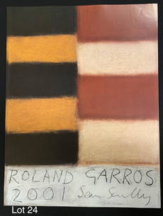 Sean Scully "2001 Roland Garros" French Open Offset Lithograph: An offset lithograph of the 2001 French open / Roland Garros tennis tournament poster made by Irish-American artist, Sean Scully (b. 1945). This piece measures 29 1/2" by 22 1/2". *notes- some light c