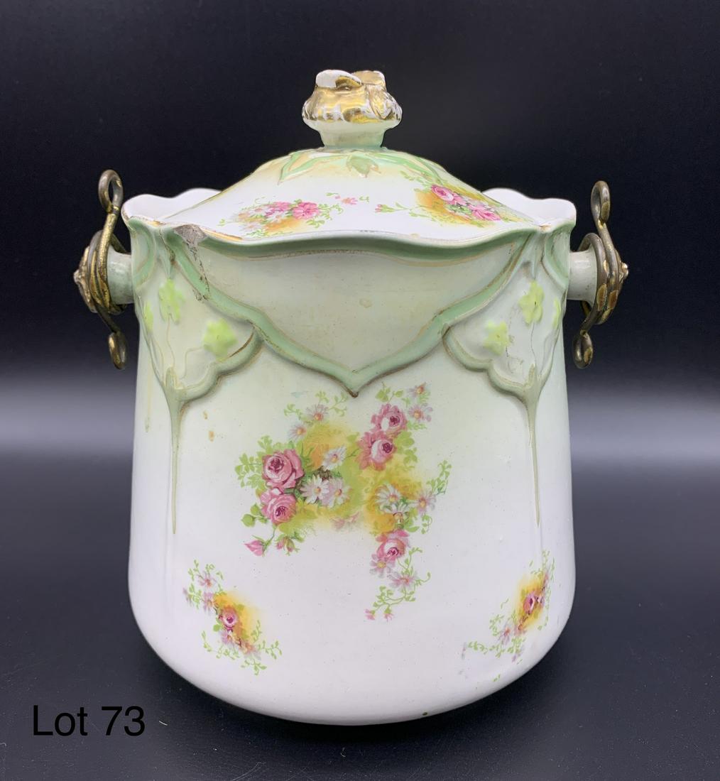 Gibson & Son Ltd. Albany & Harvey Biscuit Barrel: An early 1900's Gibson & Son Ltd Albany & Harvey potteries biscuit barrel or jar. This piece has hand painted floral decoration with a gold toned handle and lid finial. The underside of this jar bares