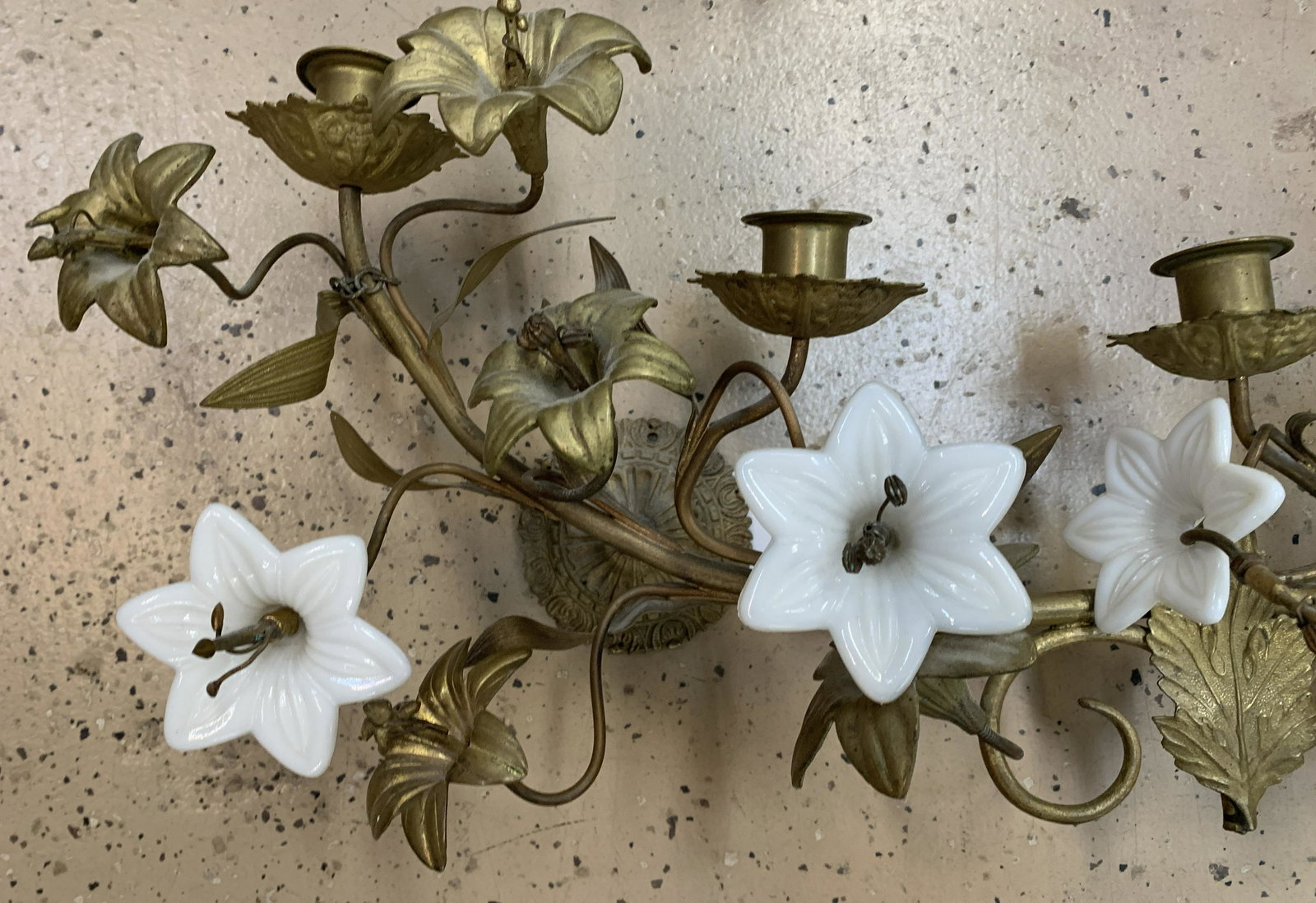 Antique Brass Wall Sconces with Milk Glass Flowers (1 of 10)