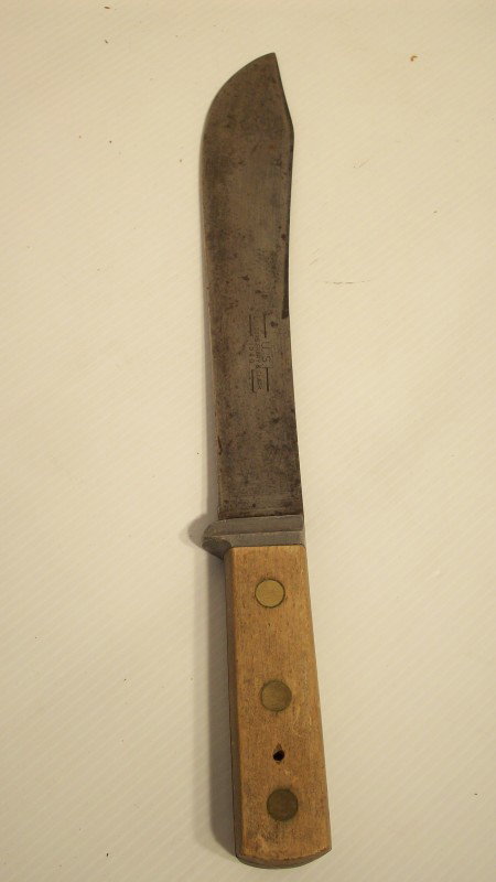 1940 LANDERS FRARY & CLARK BUTCHER KNIFE: 15" Cook/butcher's knife has 9 3/4" blade. Also marked US. Has hole in wood handle for a wrist strap. Great condition.