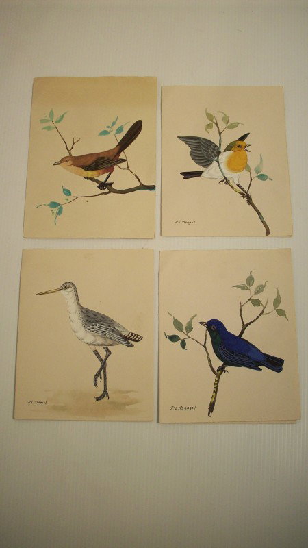 LOT OF 4 CARDS "BIRDS OF TIBET BY P.L. DANGOL: 7" X 5 1/2" cards are oil on paper, two insides are blank and the back has the birds name, P.L. Dangol is from Nepal, India. The cards are in good condition, one has some exposure discoloration.