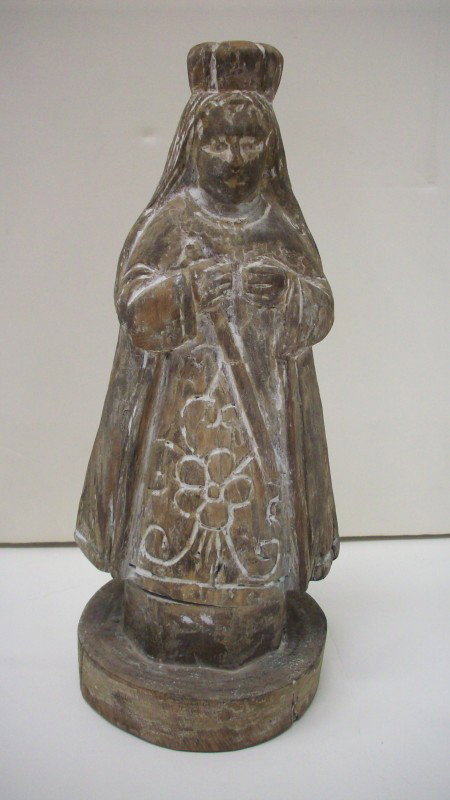 19th Century Painted Hand Carved Wood Religious Fi: 13 1/2" tall, late 19th century Nun/Sister figure is hand carved from single piece of wood (10 1/2" tall), round base is two pieces of wood, has paint loss, figure and base are solidly attached, great