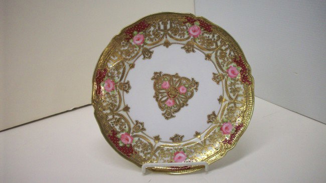 Noritake Nippon Plate: 8 3/4", gold beading decorations, hand painted roses, foot rim has a gold band, marked and stamped O I75 YO, excellent condition with no chips, cracks or crazing