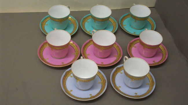 Early French Demitasse Tea Cups & Saucers: 8 sets of cups and saucers, 3 pink, 2 light blue and 3 turquoise. Unmarked in great condition with no chips or cracks,