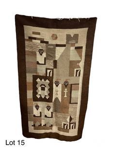 South American Handwoven Wool Textile: A hand woven wool textile with geometric and human figure design elements. From South America. 61" x 33"