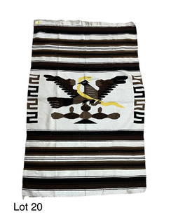 Mexican Handwoven Blanket: A Mexican hand woven blanket with a central motif of an eagle with a captured snake. 80" x 48".