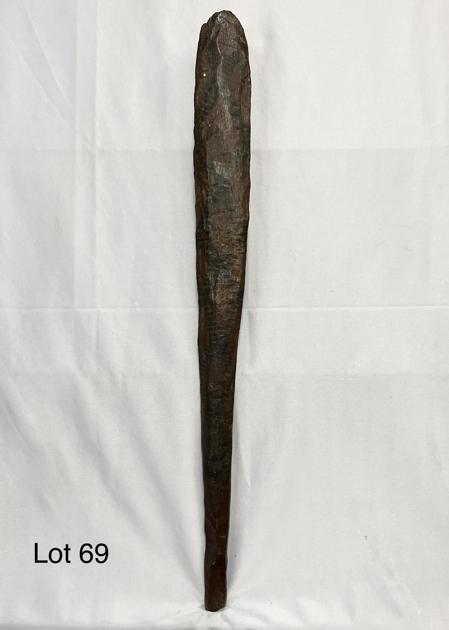 Rough Hewn Wooden War Club: A rough hewn wooden war club with a double edged blade and faded paint decoration. 28" long.