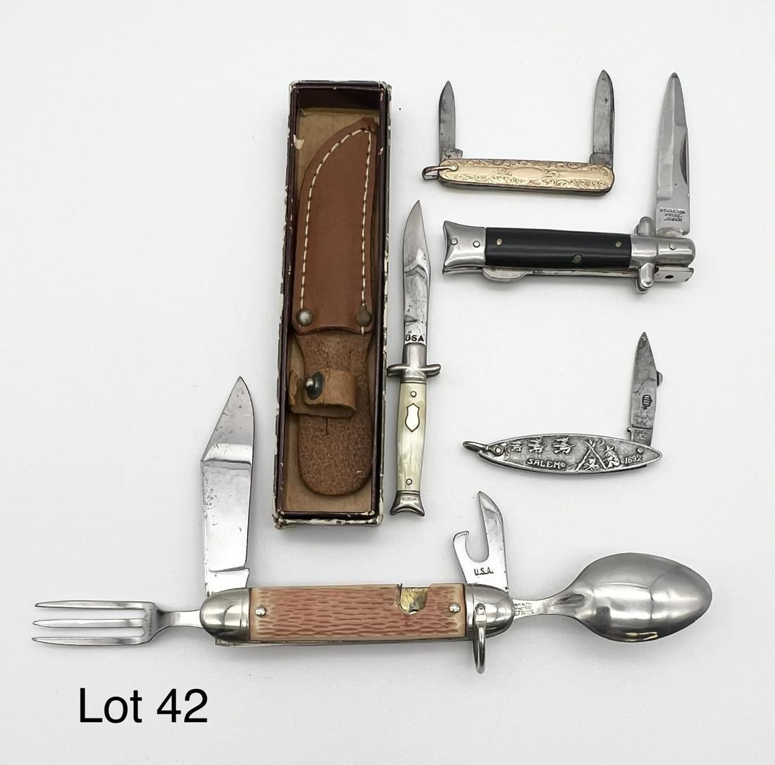Lot of Small Knives: A lot of five small knives. A Colonial with spoon and fork (made in USA), a Salem Witch hunt themed knife made in Solingen Germany, a US made sheath knife w/ 1 3/4" blade, a Japanese lock blade with 2