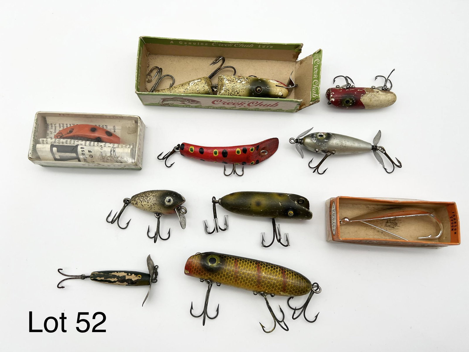 Lot of Vintage Lures: A lot of ten vintage lures. Most are wooden. Three are in original boxes.