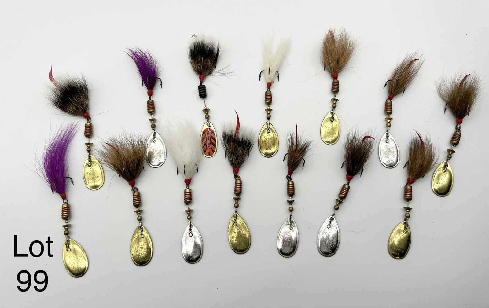Variety of Mepp's Spinners: A lot of 14 Mepp's spinners. Includes 13 "Dressed" Aglias and one "Dressed" Comet. All are size 3.