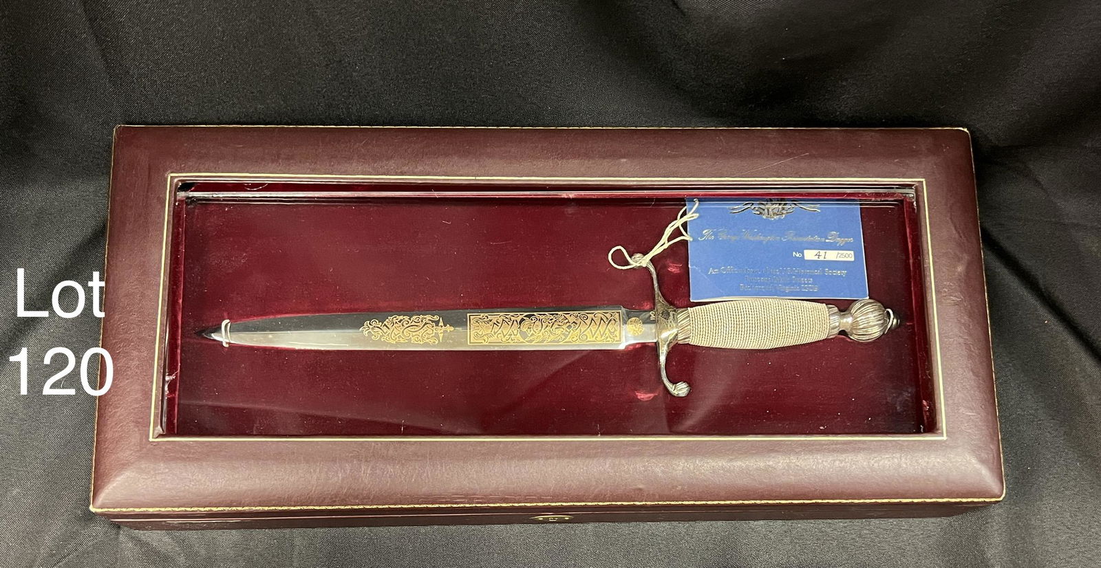 George Washington Presentation Dagger: The George Washington Presentation by Wilkinson Sword, London. Number 41 of 2500. This dagger is fitted with a sterling silver pommel button, guard and ferrule. The handle is wrapped in silver wire. T