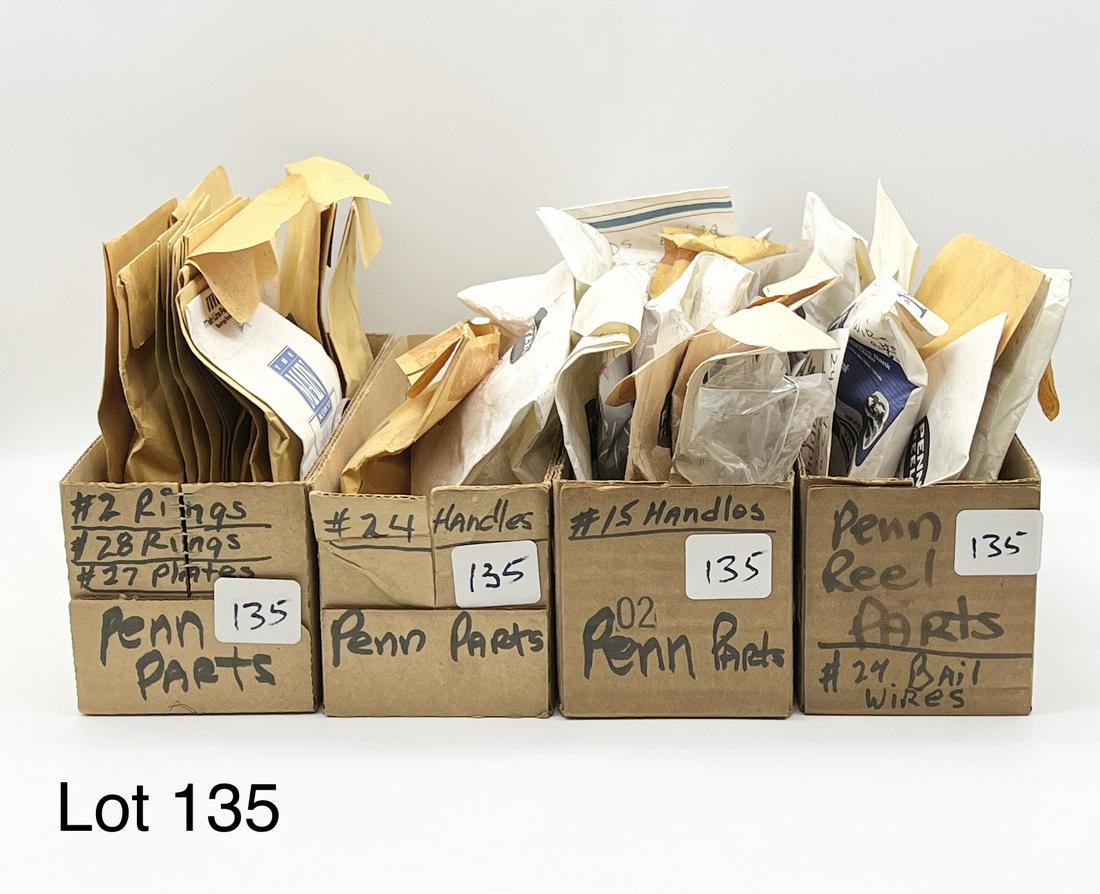 Tray Lot of Penn Reel Parts: Teray lot of various Penn Reel PArts from a now-defunct reel repair shop. These parts include side plates and rings from conventional reels, handles from both spinning and conventional reels, and bail