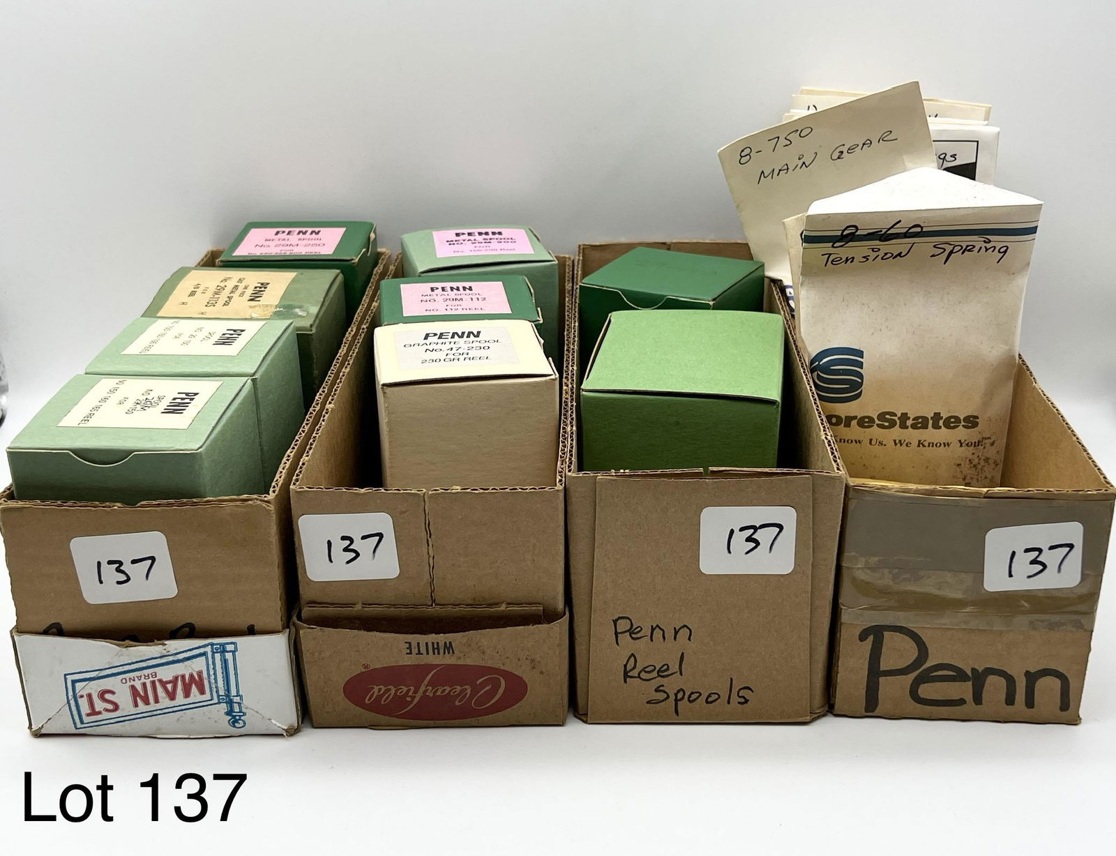 Tray Lot of Penn Reel Parts and Spools: Tray lot of Penn Reel parts and spools from a now defunct reel repair shop. The spools are from conventional reels.