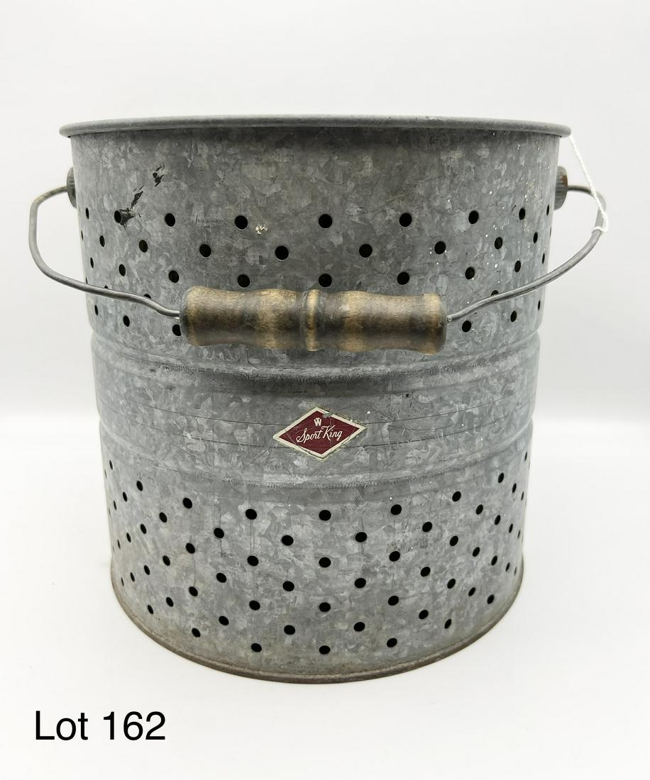 Vintage Sport King Minnow Bucket: Vintage Sport King galvanized minnow bucket. Made of galvanized steel, this bucket measures 9" high and 9 1/2"