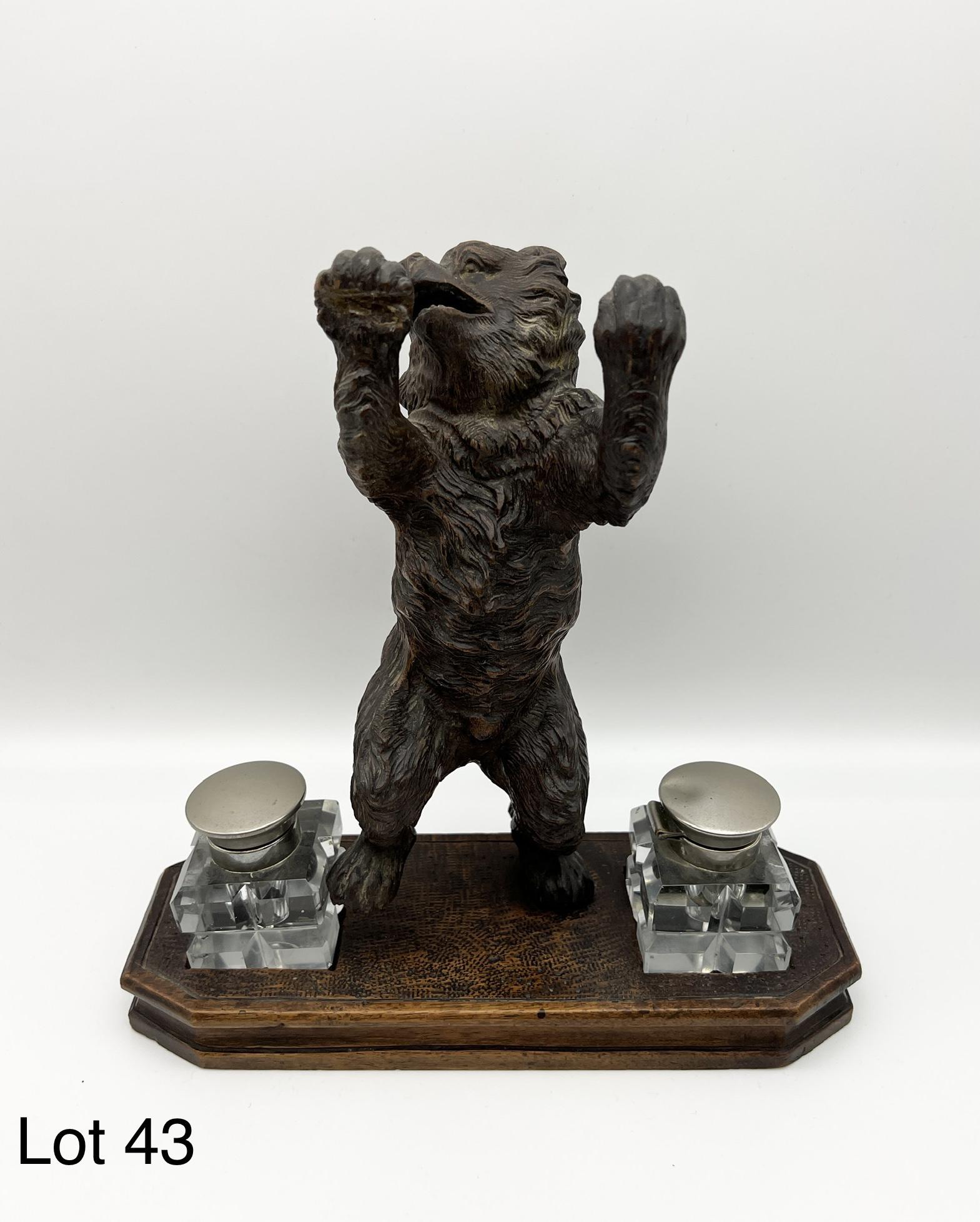 Black Forrest Carved Wood double Inkwell with Bear (1 of 5)