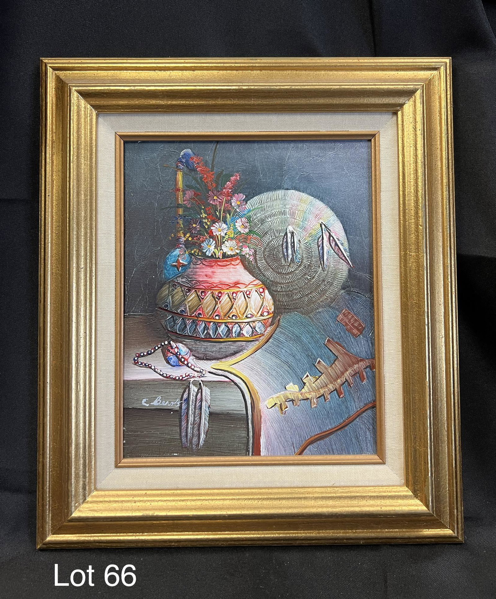 Signed Charles Benolt Oil Painting: A framed still life oil on canvas of Native American objects by listed American artist, Charles Benolt. Measures 12 3/4" x 14 3/4" outside frame. Measures 8" x 10" inside frame.