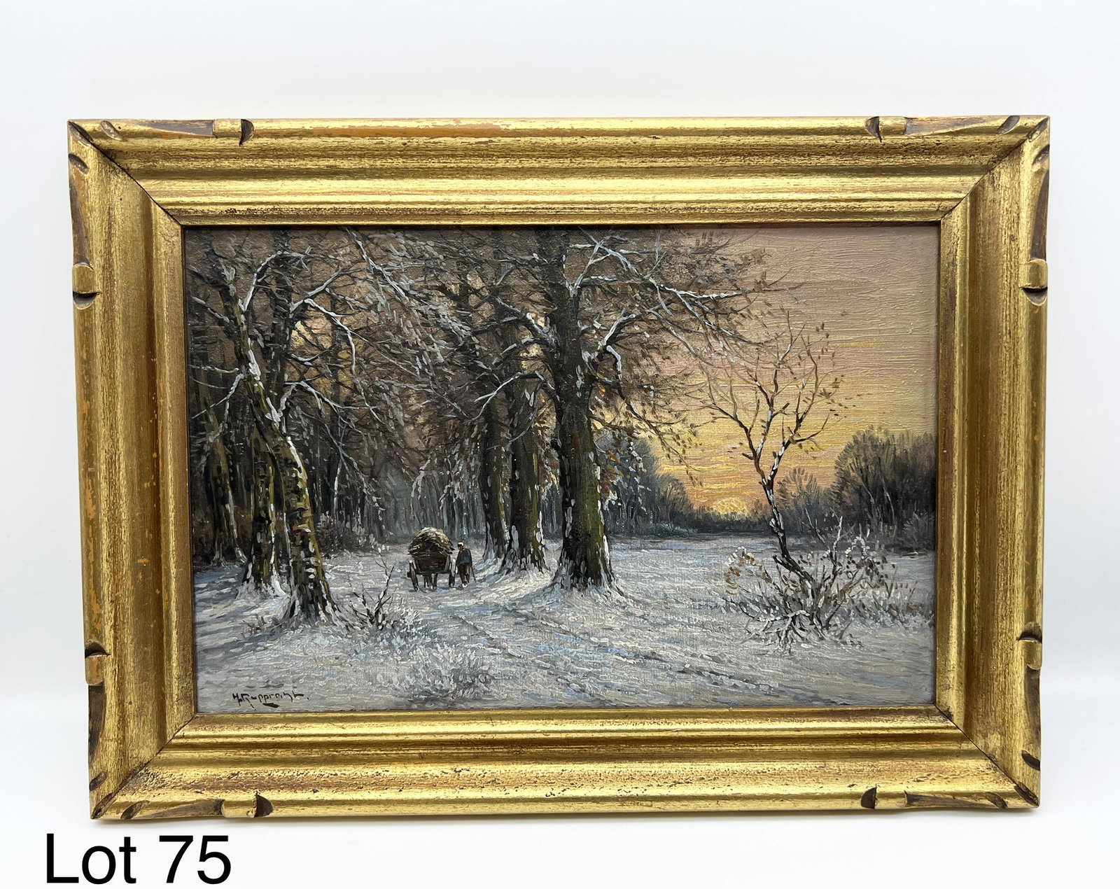 Painting of Winter Scene: Painting of winter scene by Wilhelm Hugo Rupprecht (1881-1970), oil on canvas presented in gilt frame, signature in lower left corner. Measures 10" x 14" outside frame. 8" x 12" site.