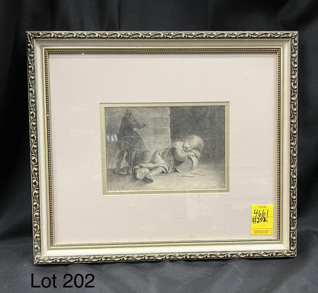 Signed Drawing on Paper: Signed drawing on paper, unrecognized signature. Depicts a boy sleeping on a drum, and a dog. Measures 17" x 14 1/2" with frame, 8" x 5 1/2" without.