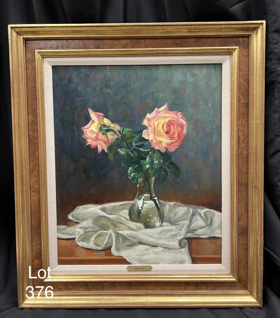 Still Life Vase of Flowers by Gregory Stewart Hull: Still life vase of flowers by Gregory Stewart Hull. Oil on canvas with gold-painted wooden frame in fair condition. Nameplate not fully readable. Measures 27 1/2" x 31 1/2" with frame, 19 1/4" x 23 1'