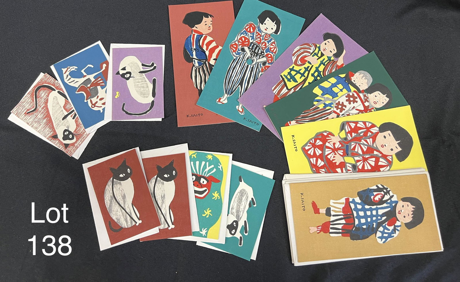 Lot of Woodcut Print Letters: Lot of woodcut print letters showing cats and children, art by Kiyoshi Saito. Cards come in different sizes, larger being 3 3/4" x 7"