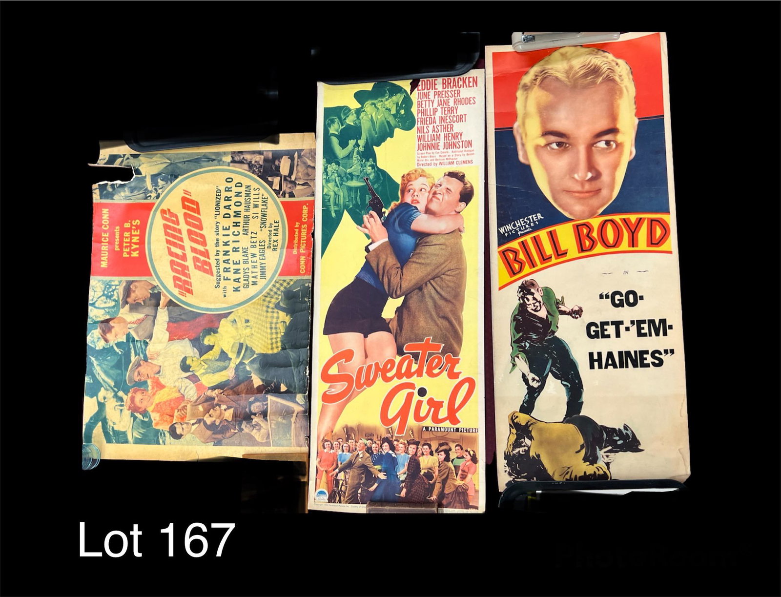 Lot of Vintage Movie Posters: Lot of three vintage movie posters, including two half-posters and one large poster. Two small posters include Billy Boyd in Go-Get-Em-Haines (1936) and Sweater Girl (1942), starring Eddie Bracken and