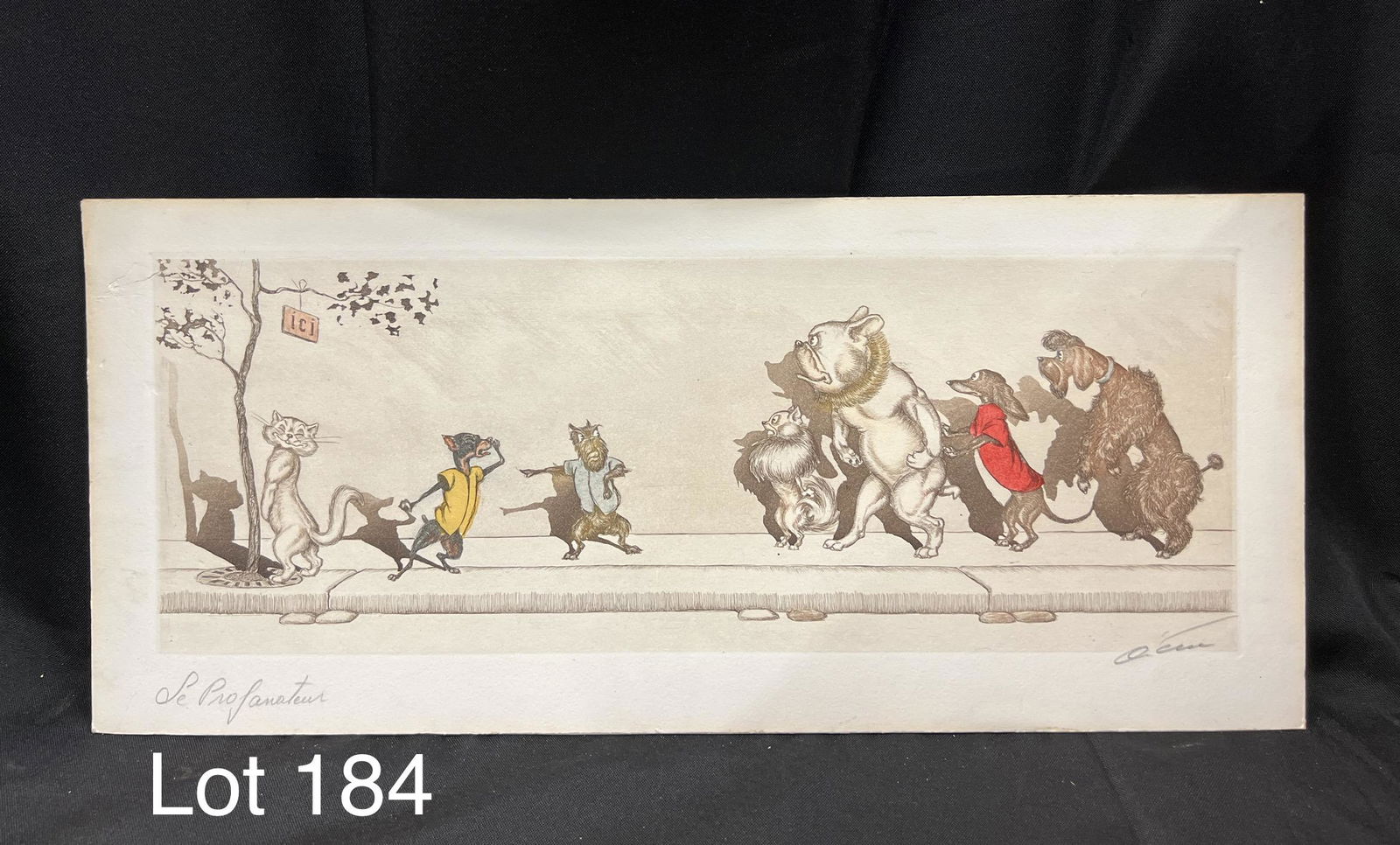 Vintage "The Naughty Dogs" Lithograph by Boris O'Klein: Vintage lithograph print from Boris O'Klein's (1893-1985) series "The Naughty Dogs" in plastic wrapping. Artist's signature in bottom right corner, left corner has written "S. Profanateur." Some disco