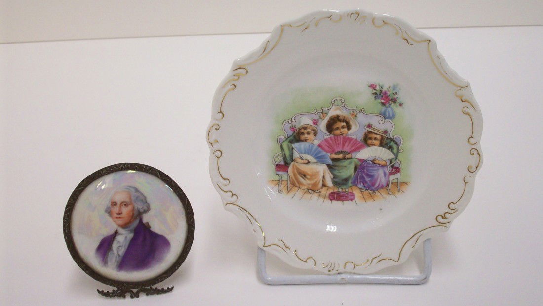 Lot of 2 Transferware: 5 1/4" plate with 3 seated little ladies and a 2 1/2" framed portrait of George Washington on porcelain, both in great condition