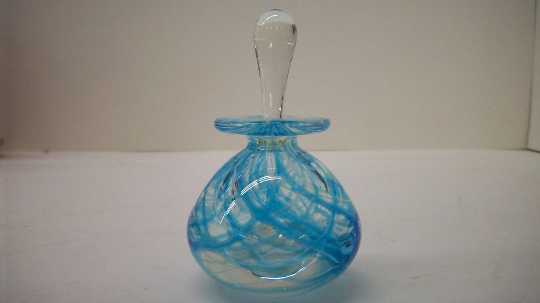 Blue & White Swirl Perfume Bottle: 4 1/2" tall X 2 3/4", latticino like swirls of blue and white, 3 3/4" stopper /dauber(has flea bite on end), this signed bottle is in excellent condition