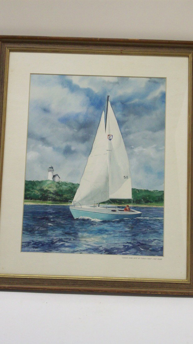 Richard Bollinger Watercolor: 22" X 17" in a 30" X 25" frame, signed and Titled: "Chadds Ford Fats" at Turkey Point Light House. This commissioned piece is in excellent condition.