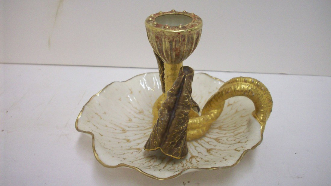 Royal Worcester Candlestick: 5" X 3 1/2", Royal Worcester England candlestick, cream color with gold vine handle and 2 unopened leaves, gold guilt throughout, circa 1900-1910, burgundy Royal Worcester trademark on the bottom, Exc