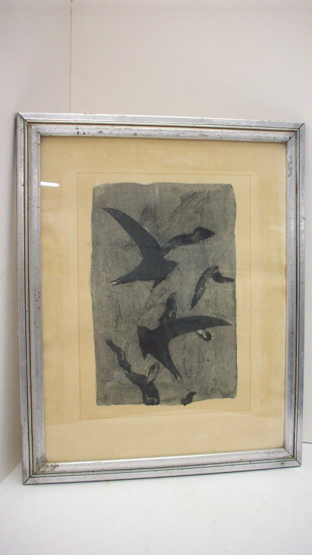 Georges Braque Etching: 14" X 18", "Birds In Flight" by Georges Braque (1882 -1963), His serene style etching is in great condition, it is not laying flat, has Authentication on the reverse, frame is a little rough.