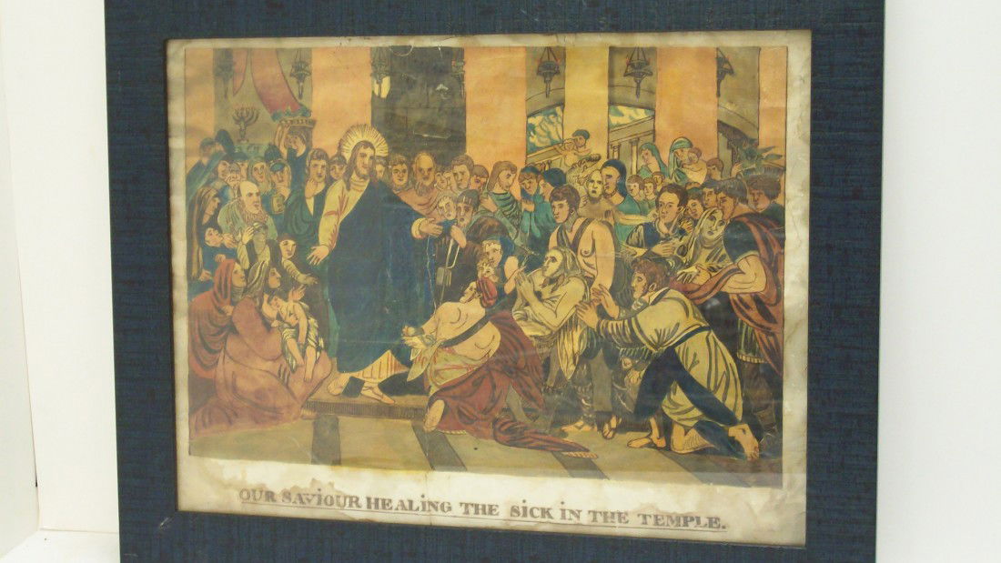 1840's Oil & Watercolor on Paper: 17" X 13" in a 20 1/" X 16 1/2" frame, 1840's Oil & Watercolor on Paper after Benjamin West, "Our Saviour Healing The Sick In The Temple", looks to have been folded, has foxing, some cracking, great p