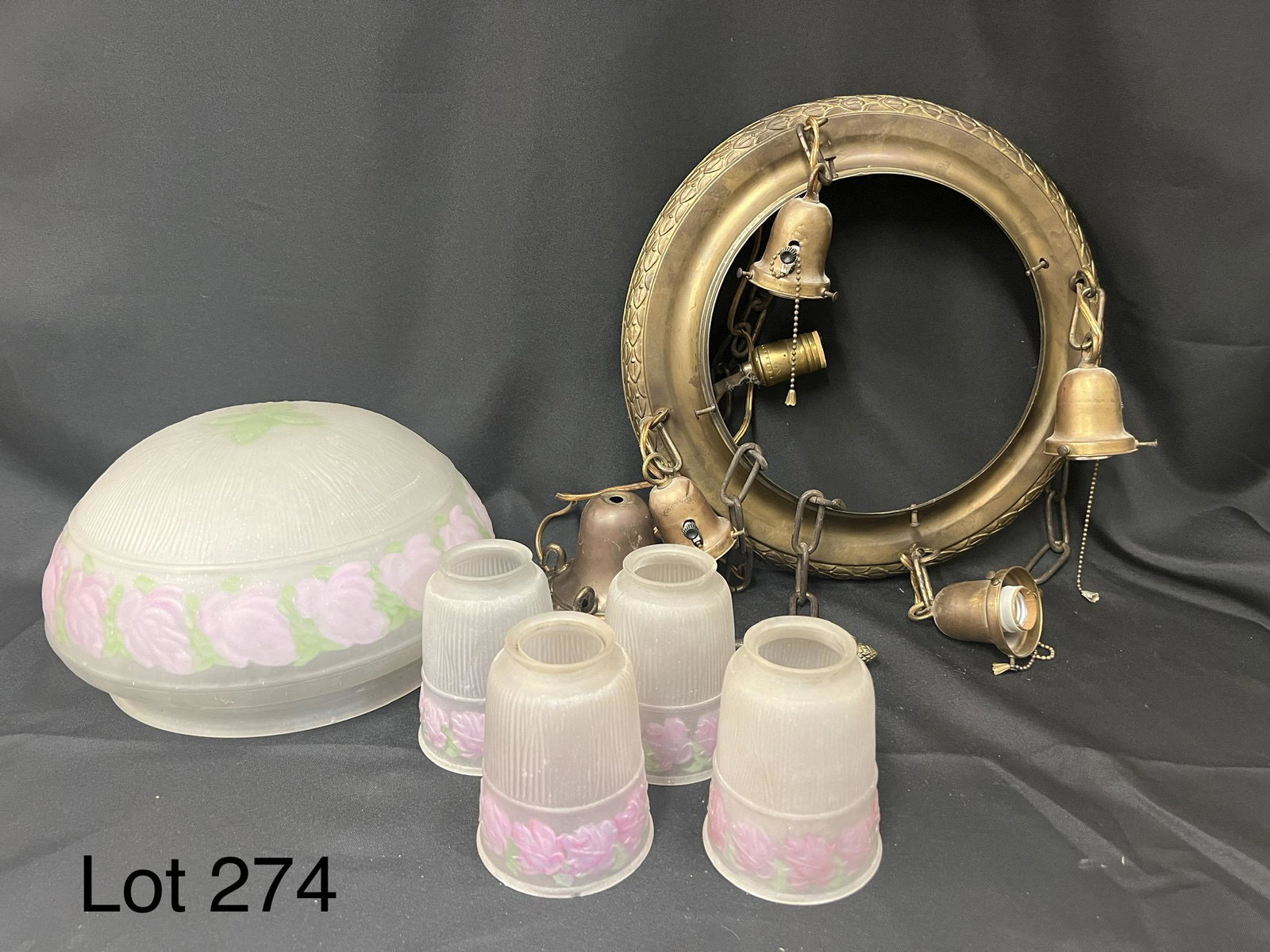 Brass Chandelier with Pink Floral Glass Globes (1 of 6)