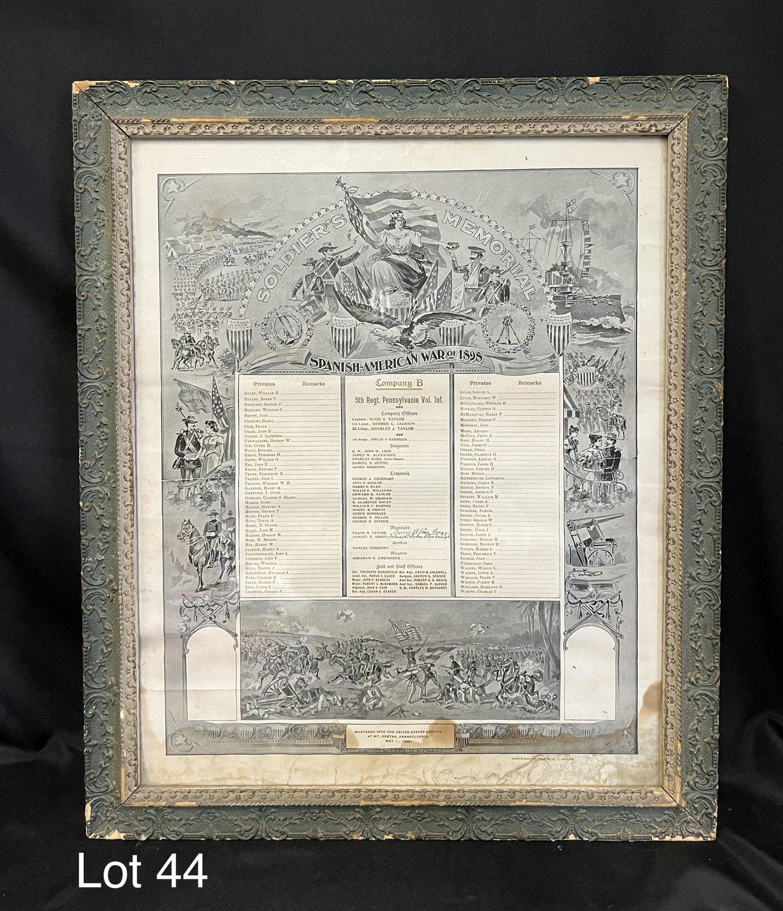 Spanish American War Soldiers Memorial: Antique Soldier's Memorial dedicated to the Spanish American War of 1898, listing the names of those that fought, and featuring patriotic artwork all around. Writing on bottom reads "Mustered into the