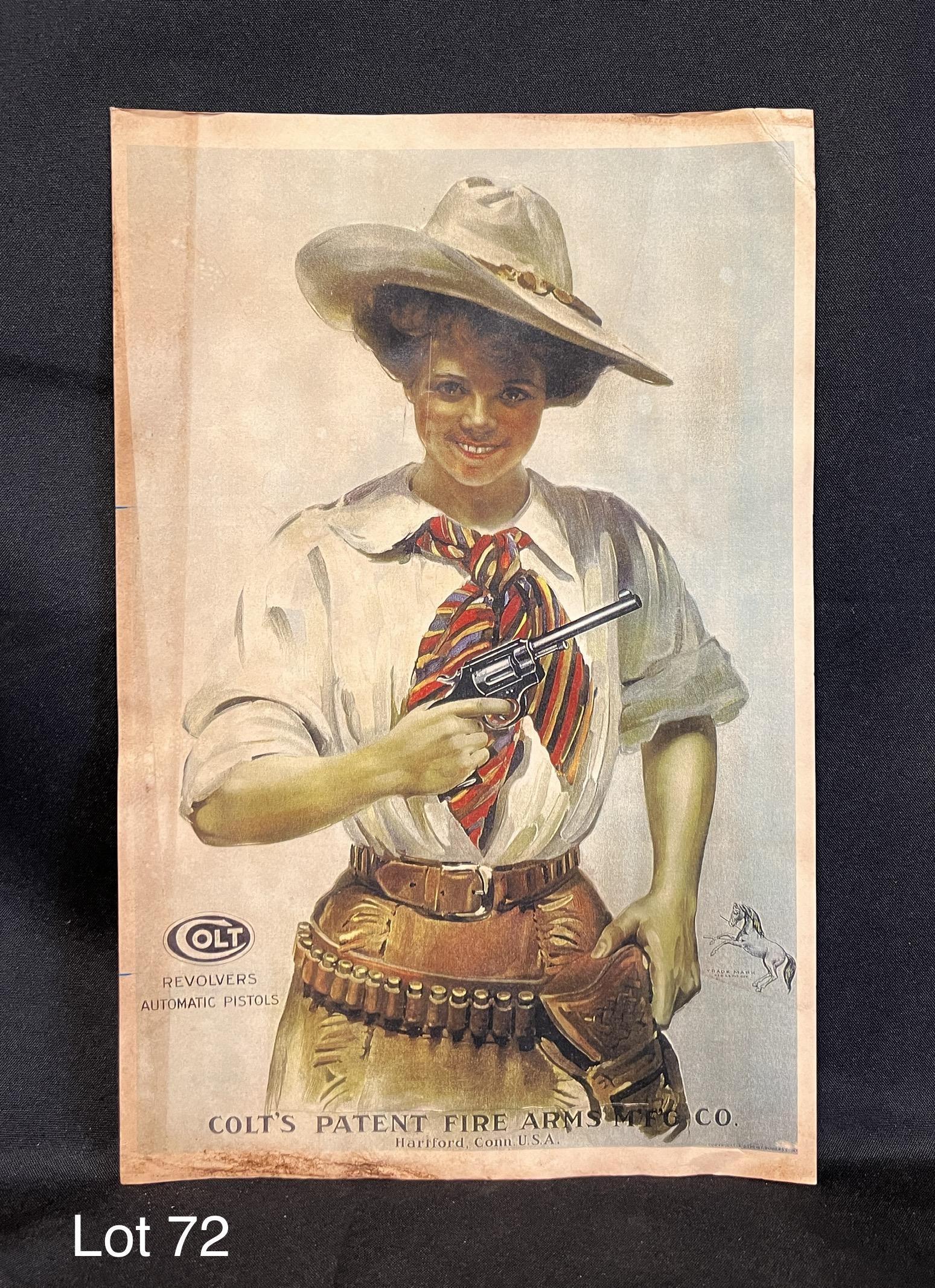 Colt Cowgirl Revolver Advertising Print: Colt Patent Firearms Mfg. Co. advertising print with classic cowgirl artwork. Piece dated 1910 in bottom right corner. Measures 10 7/8" x 16 3/4" *note - discoloration with age, staining and soil resi