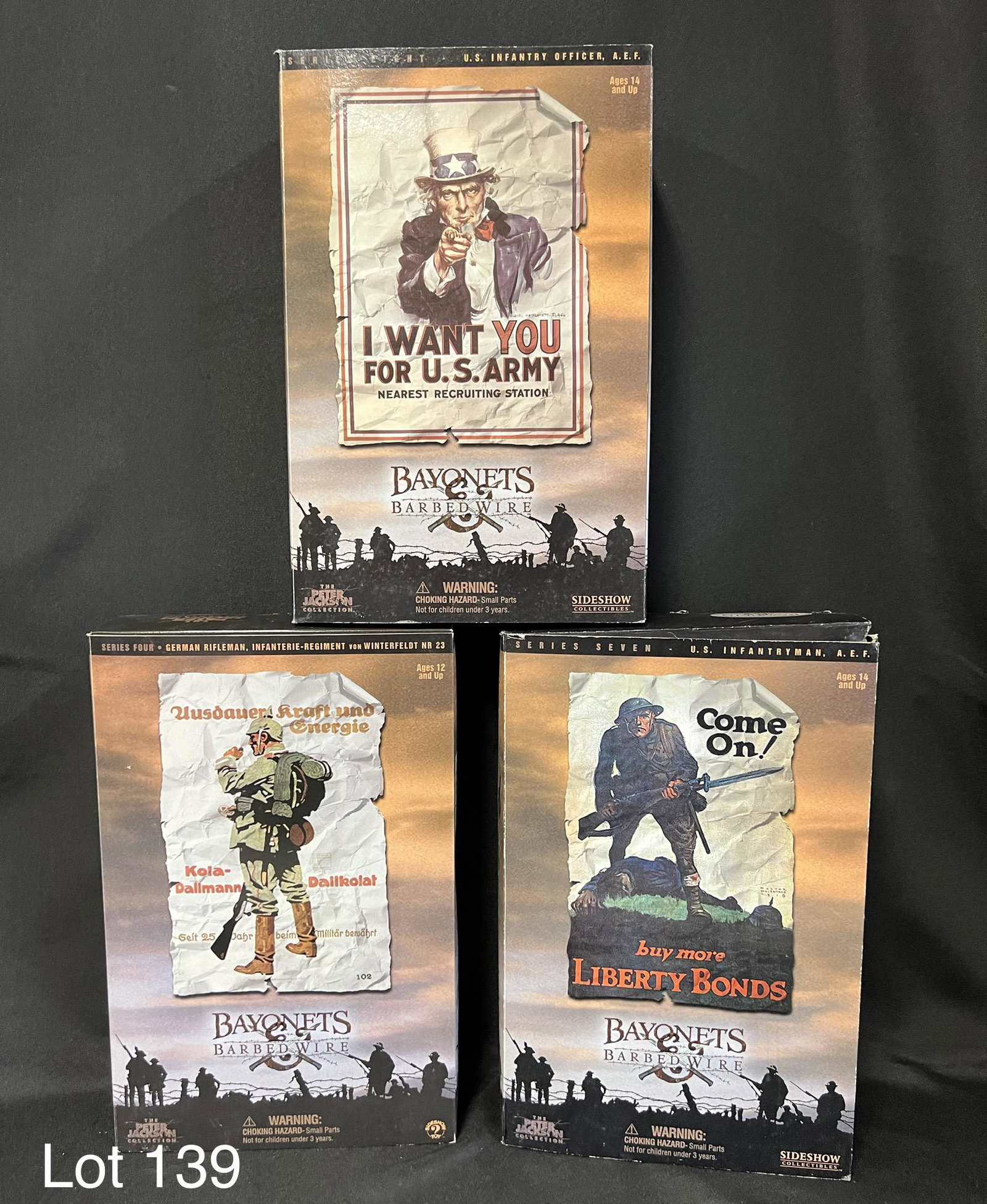 Peter Jackson Collection Bayonets and Barbed Wire Action Figures: A lot of three action figures from Peter Jackson's Bayonets and Barbed Wire line of collectables. This lot includes a German Rifleman, Infanterie-Regiment von Winterfeldt NR 23 from series four, a U.S