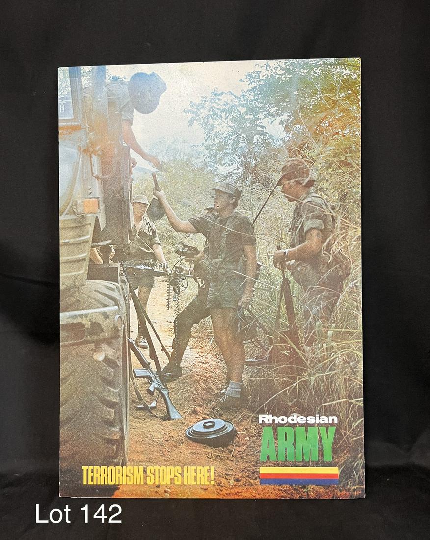 Rhodesian Army Recruitment Poster: Recruitment poster for the Rhodesian Army on posterboard, reads 'Terrorism Stops Here!" and measures 20" x 28 1/2" *notes - some staining on back