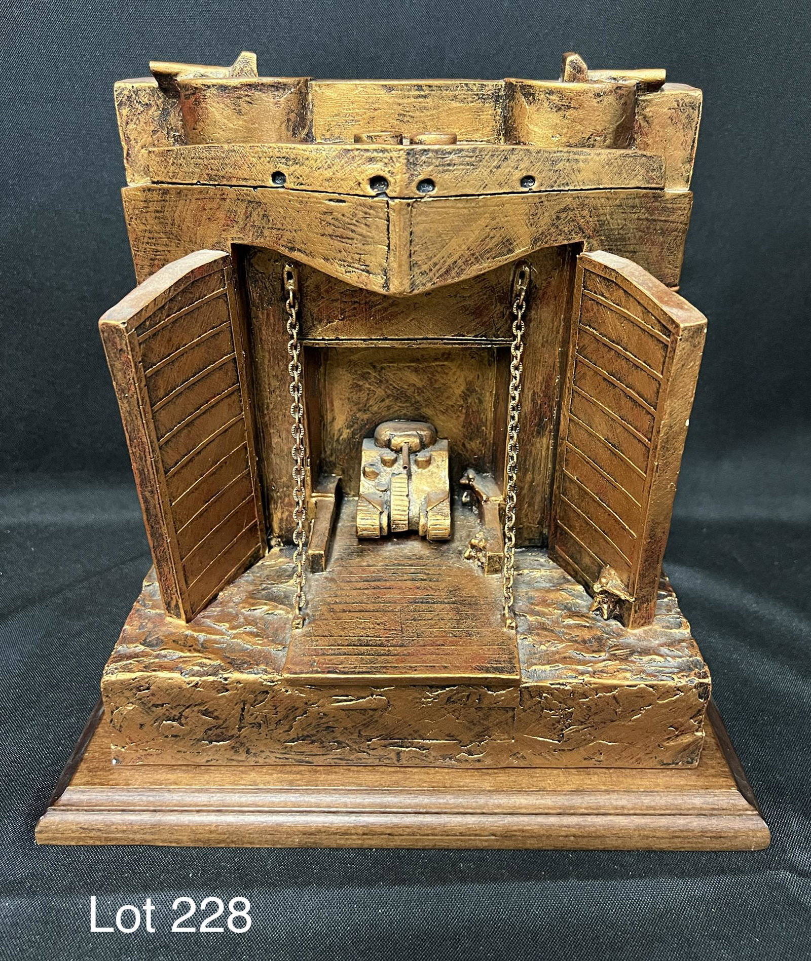 Painted Sculpture by Jim Bright: Painted wood and ceramic sculpture by Jim Bright of a tank exiting a ship titled "LST." All good, with artist signature on the back along with limited series number of #3/500. All on wood base, dated 