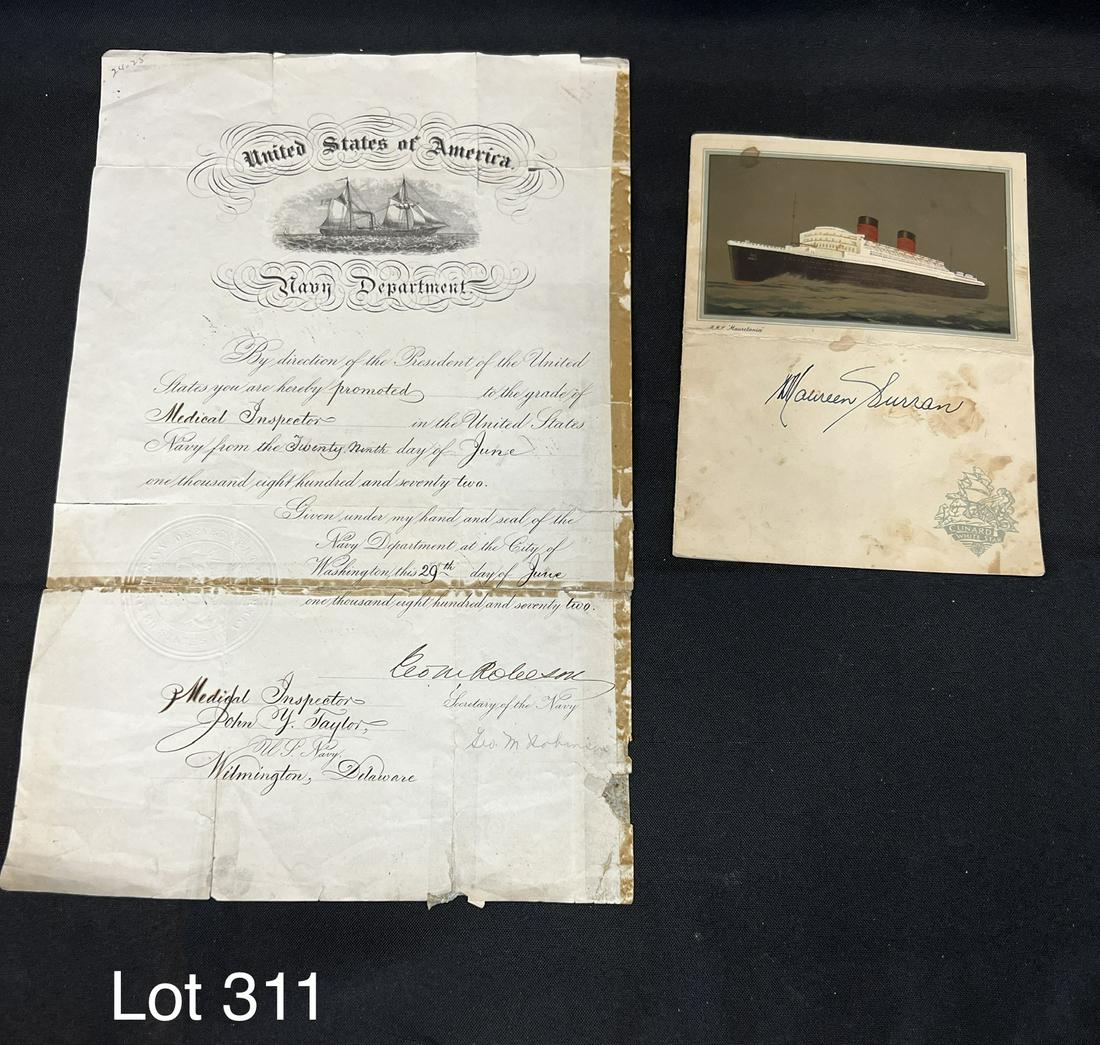 Lot of Wartime Ephemera: Lot of two pieces of wartime ephemera. The first is a folded menu card for a farewell dinner on the R.M.S. Mauretania, dated May 4, 1952. Piece noted with signatures from other guests. The second is a