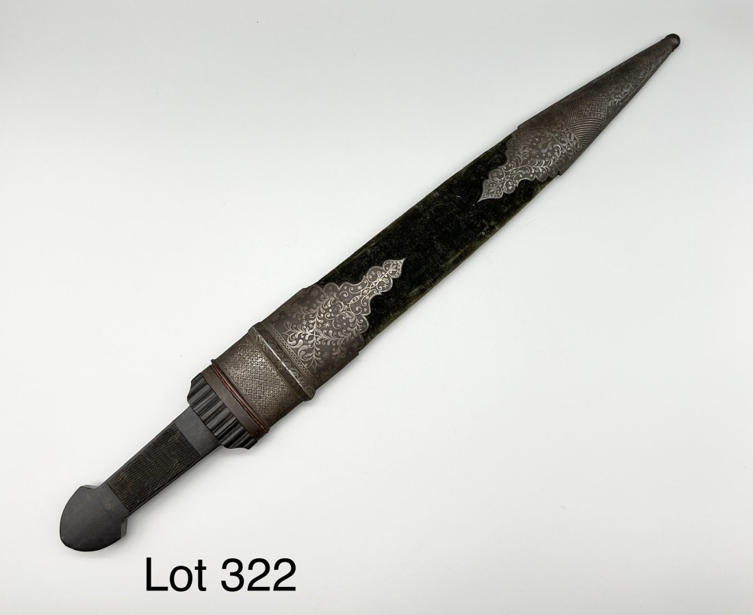 Antique Decorative Kindjal: Antique kindjal/gladius style dagger, possibly Russian, with a pointed double-edged blade and a textured wood dagger. Scabbard features elaborate design work and felt, no makers marks noted. Blade mea