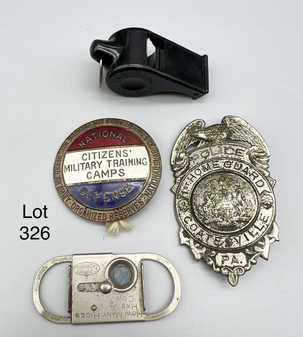 Mixed Lot of Vintage and Antique Accessories: Mixed lot of vintage and antique accessories, including: A Coatesville PA Police 1st Home Guard pin, a National Guard Citizens' Training Camp pin, a Dupont cigar cutter, and a Field Champion whistle. 