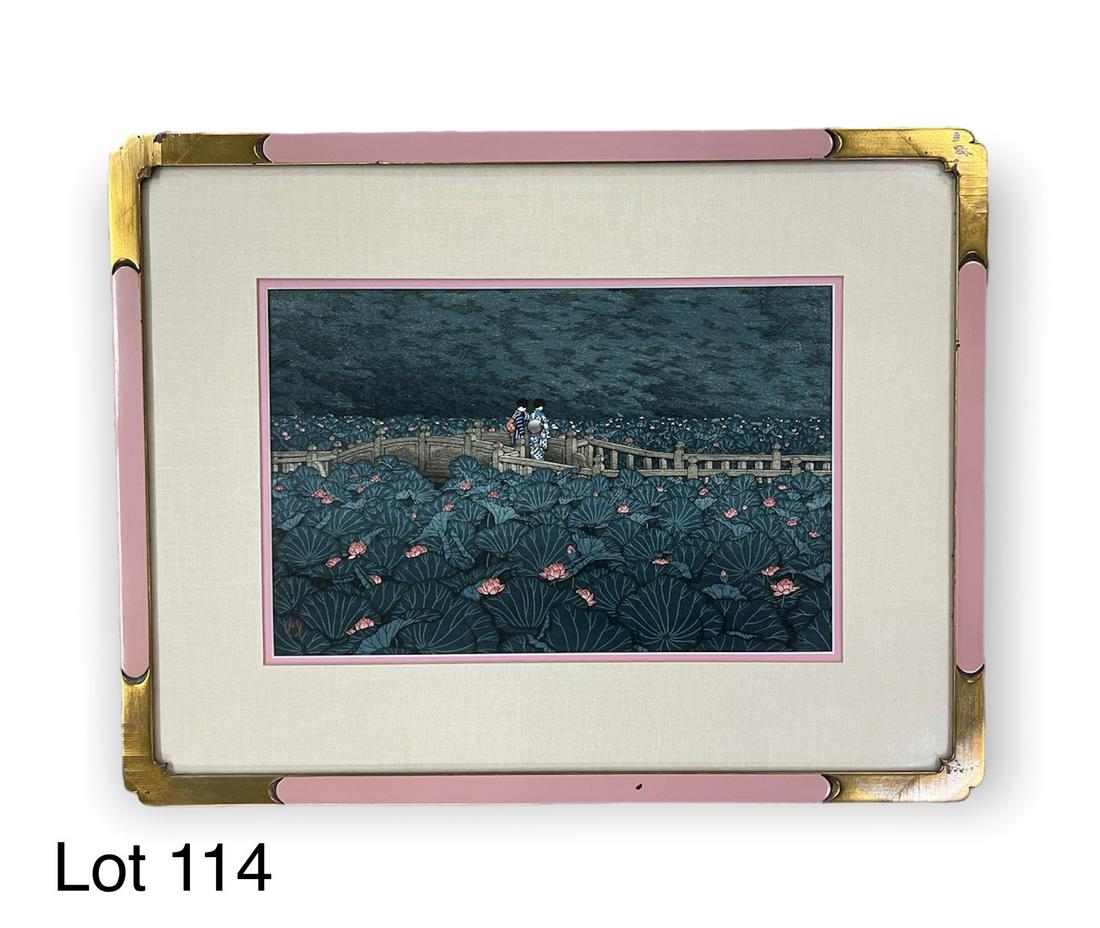 The Pond at Benten Shrine in Shiba Woodblock Print by Kawase Hasui: A woodblock print entitled The Pond at Benten Shrine in Shiba by Japanese artist Kawase Hasui (1883-1957). Presented in a gold frame with pink enamel measuring 21 3/4" x 17 1/4", sight 14" x 9". *note