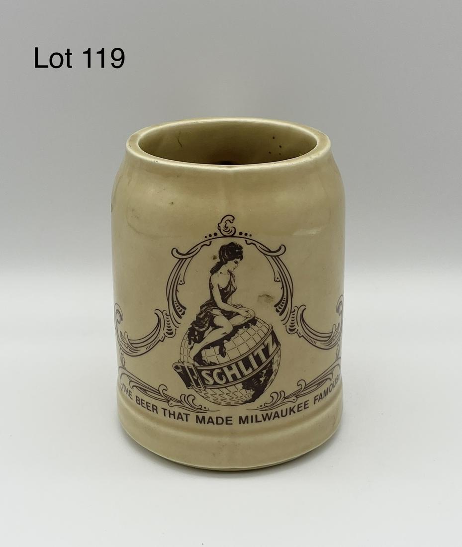 Vintage Schlitz Beer Mug: Vintage Schlitz beer mug with globe logo, reads "The Beer That Made Milwaukee Famous" along bottom. Makers marks underneath, measures 4 1/4" tall.