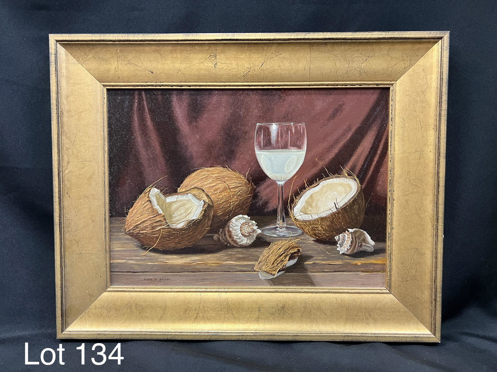 Signed Mark H. Brown (1974-) Still Life Oil on Canvas: Still life oil on canvas of coconuts, seashells and wine glass. Made by Virginian artist, Mark H. Brown (1974-). PAFA graduate, award winning artist. Signed on bottom left. Presented in a gold painted