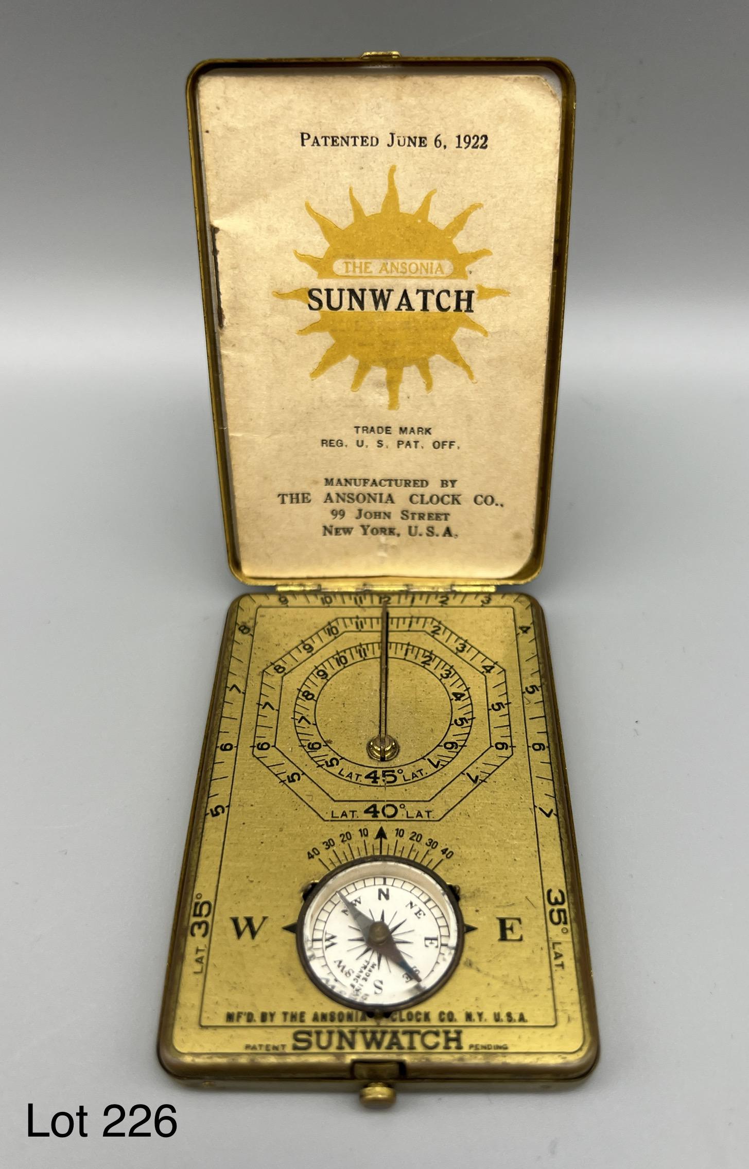 Antique Ansonia Sunwatch: Antique Ansonia sunwatch patented 1922. Comes with original direction booklet in brass casing. Made in New York. Case measures 3" x 2". *notes- scratching and wear. Untested.