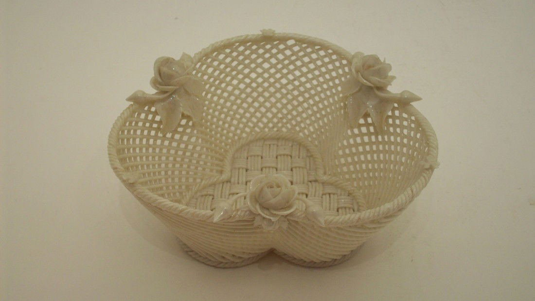 Belleek Trellis Basket: 5 1/4" widest X 2 3/4". Belleek Basket in Trellis pattern, Circa 1930-50's. Marked on the base. Excellent condition