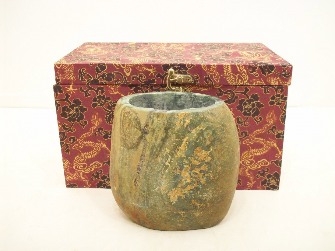 Jade Brush Pot: 5 5/8" Tall x 5 3/4" Wide x 3" Deep. Front has bamboo design and Asian Characters. Top and bottom both ground and polished. Excellent Condition with Box.